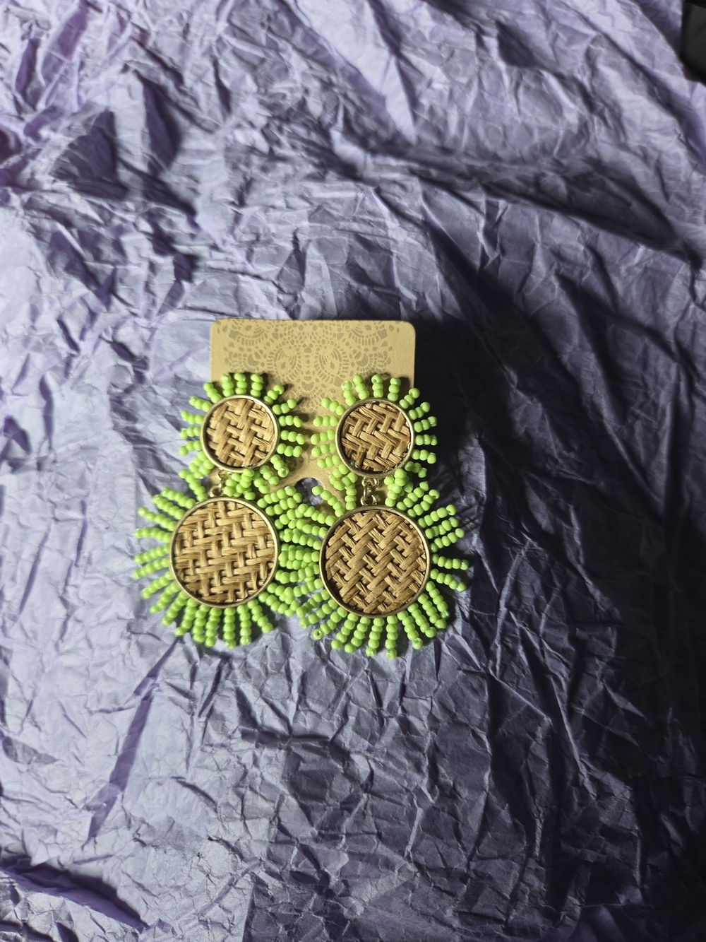 Handwoven Rattan Sunflower Earrings with Lime Green Bead Fringe